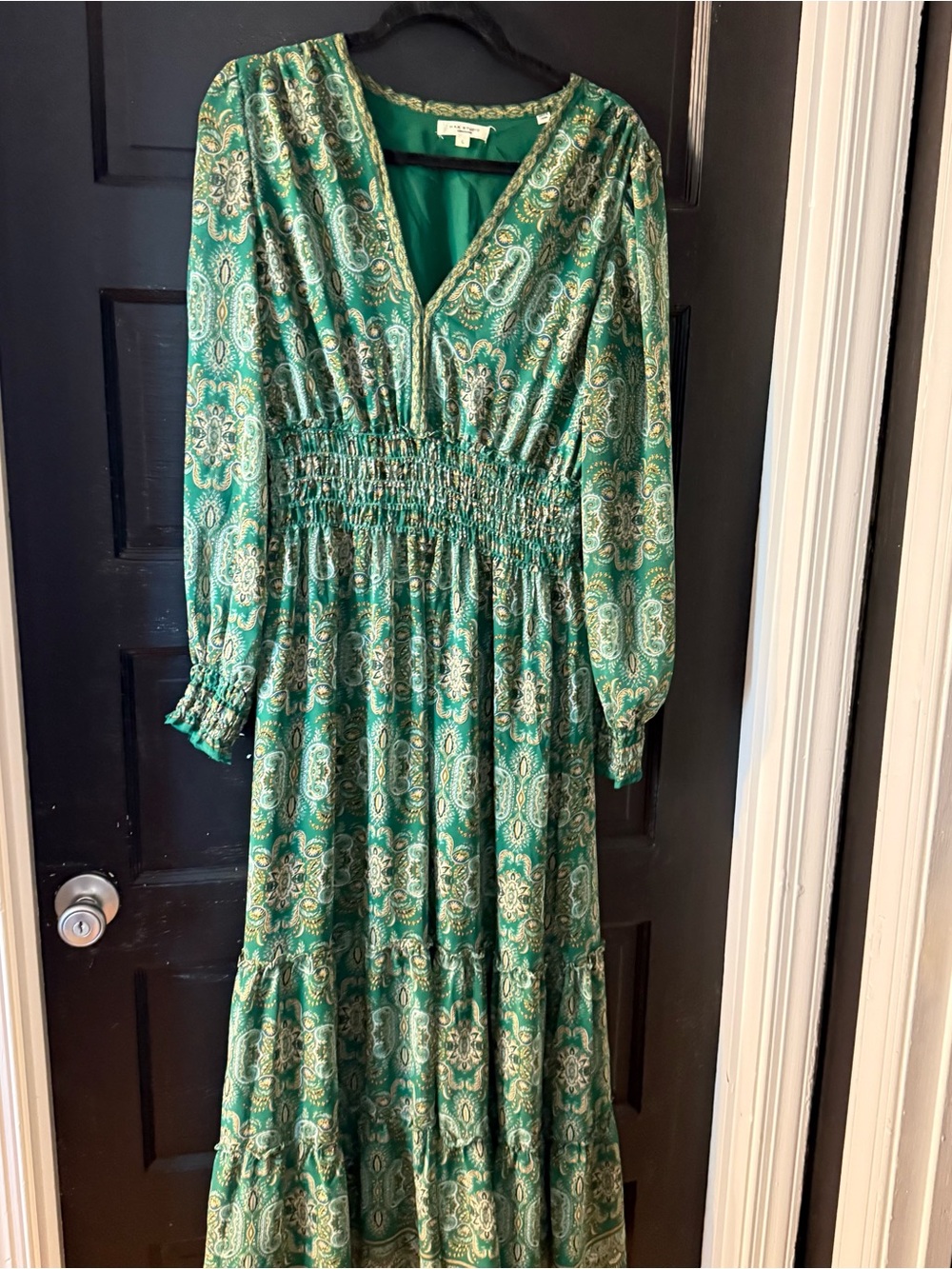 Max Studio Green Paisley V-Neck Smocked Maxi Dress